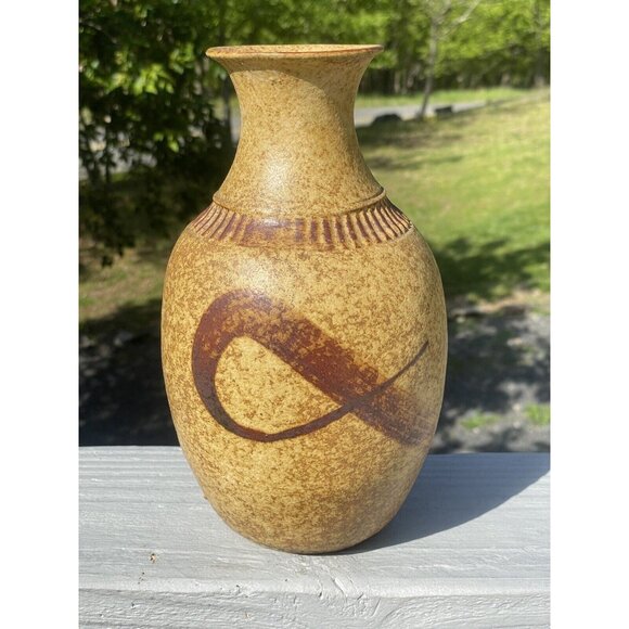 9-1/4" Vintage Brown Glazed Pottery Vase Home Accent Decor Beige Ceramic Retro - Picture 9 of 12